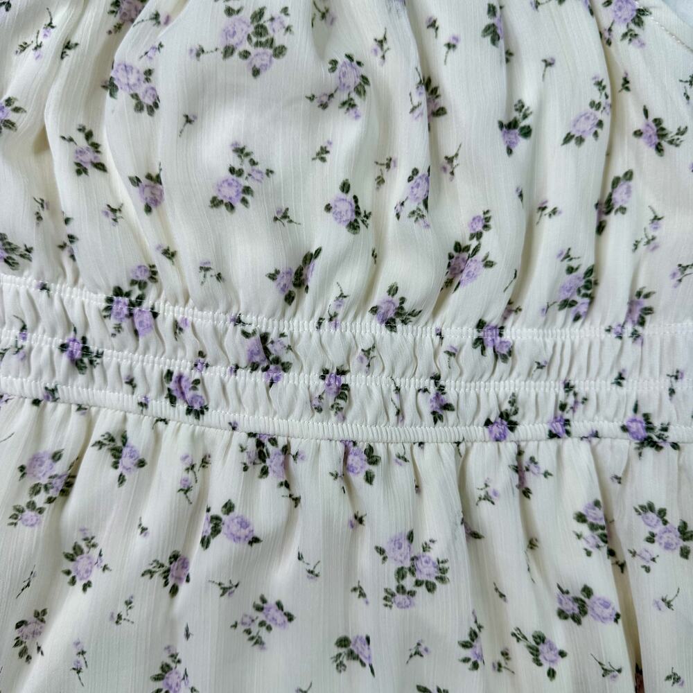 Babydoll Floral Mini Dress XL Ivory Lavender Coquette Cottagecore Tiered Ruffle - Picture 5 of 16
